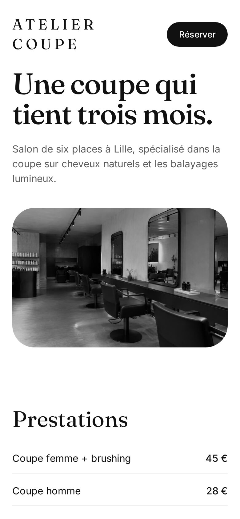 Page d'exemple Atelier Coupe, site de salon de coiffure, sur téléphone
