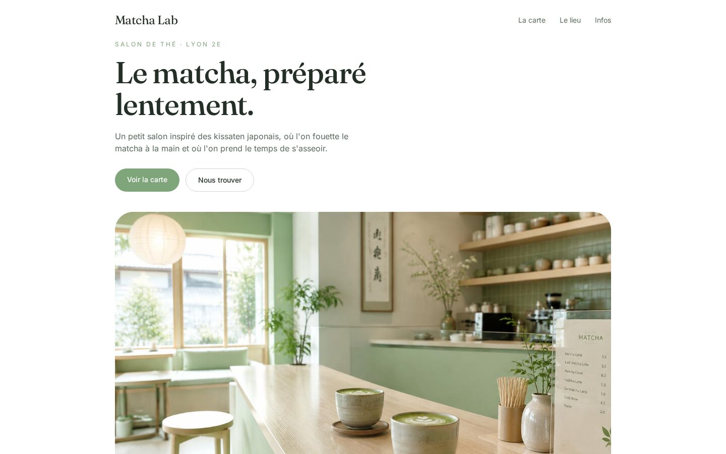 Page d'exemple Matcha Lab, site de salon de thé créé par Sytia, sur ordinateur